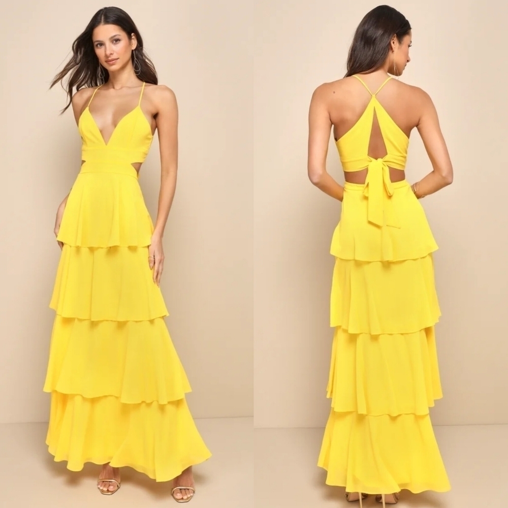 Lulus Tier and Now Yellow Tie-Back Tiered Maxi Dress XS Wedding Party Vacation